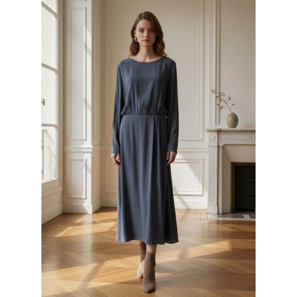 Sam and Lavi Silk Long Sleeve Midi Dress Dark Blue Size Large